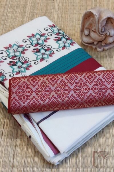 Kasavu Krithi - Off-White Cotton Kasavu Saree with Maroon and Sea Green Floral Border and Maroon Pallu Stripe Saree