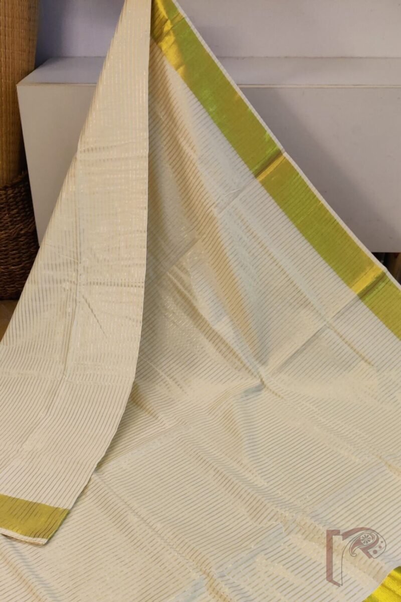 Kasavu Krithi - Off-White Tissue Kasavu Saree with Gold Pin Stripes and Wide Gold Border Saree - Image 2