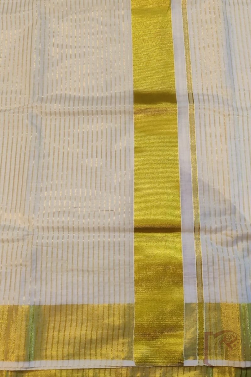 Kasavu Krithi - Off-White Tissue Kasavu Saree with Gold Pin Stripes and Wide Gold Border Saree - Image 3