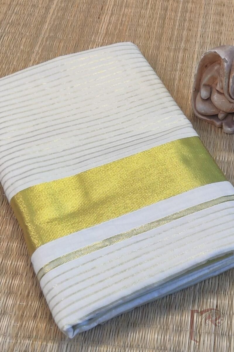 Kasavu Krithi - Off-White Tissue Kasavu Saree with Gold Pin Stripes and Wide Gold Border Saree - Image 4
