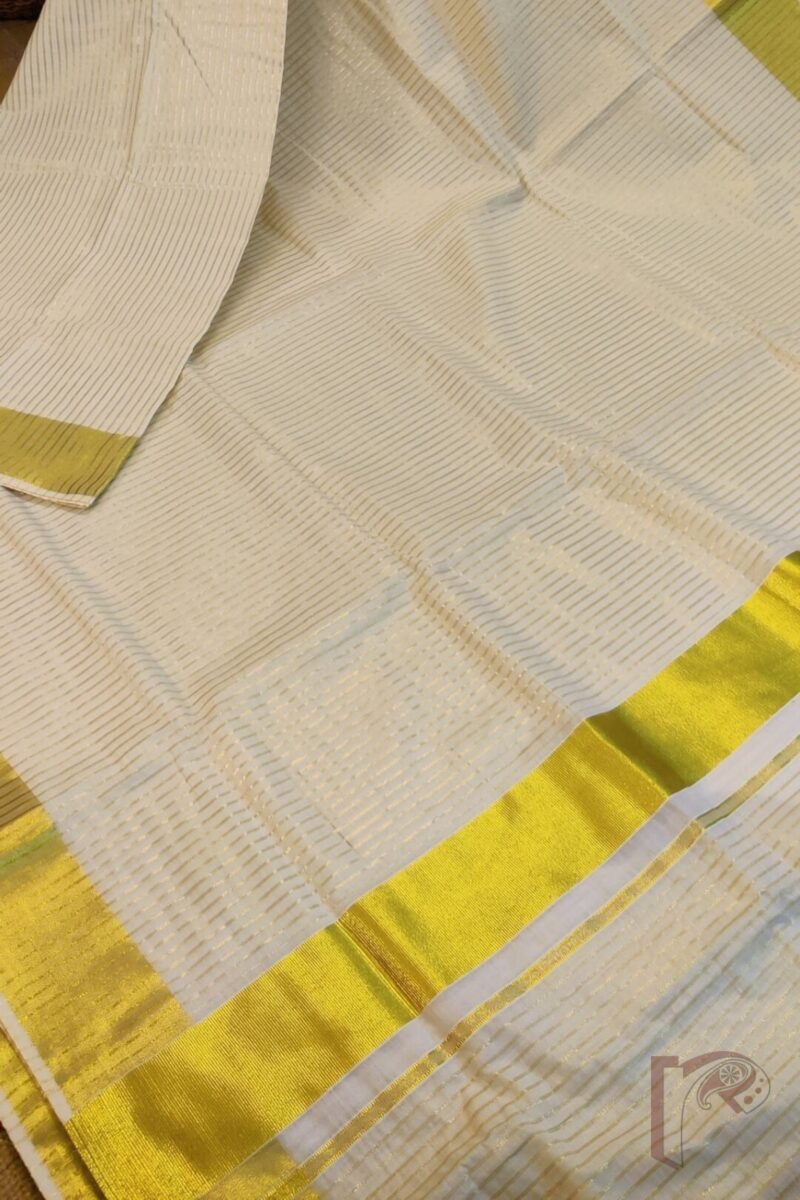 Kasavu Krithi - Off-White Tissue Kasavu Saree with Gold Pin Stripes and Wide Gold Border Saree - Image 5