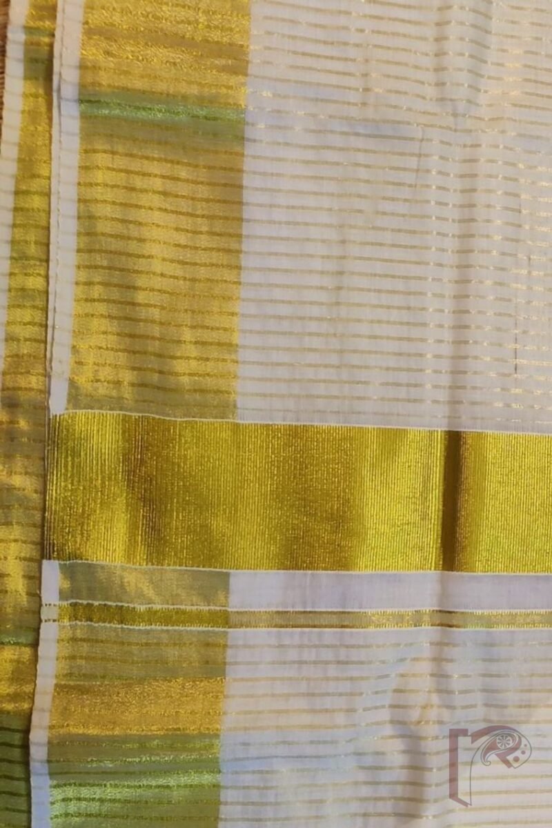 Kasavu Krithi - Off-White Tissue Kasavu Saree with Gold Pin Stripes and Wide Gold Border Saree - Image 6