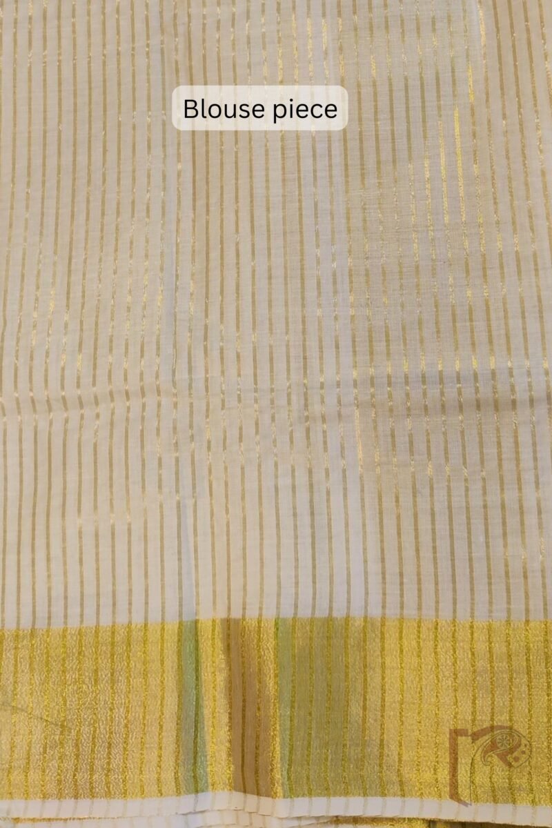 Kasavu Krithi - Off-White Tissue Kasavu Saree with Gold Pin Stripes and Wide Gold Border Saree - Image 7
