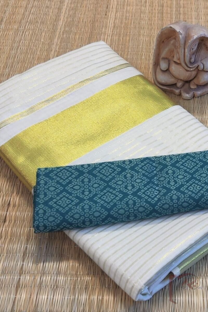 Kasavu Krithi - Off-White Tissue Kasavu Saree with Gold Pin Stripes and Wide Gold Border Saree