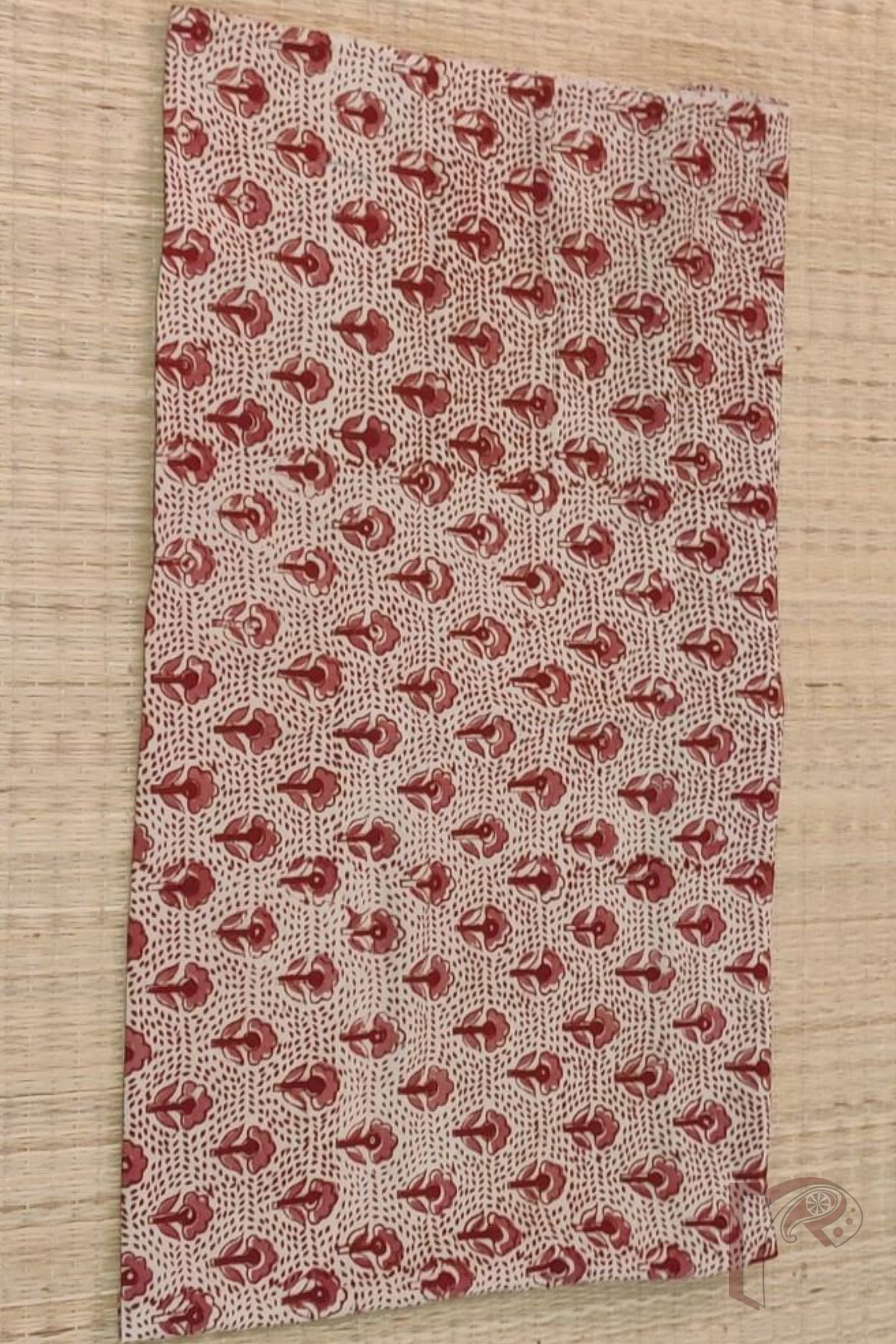 Cream Cotton Kalamkari Blouse Fabric with Maroon Floral and Leaf Motifs - Image 2