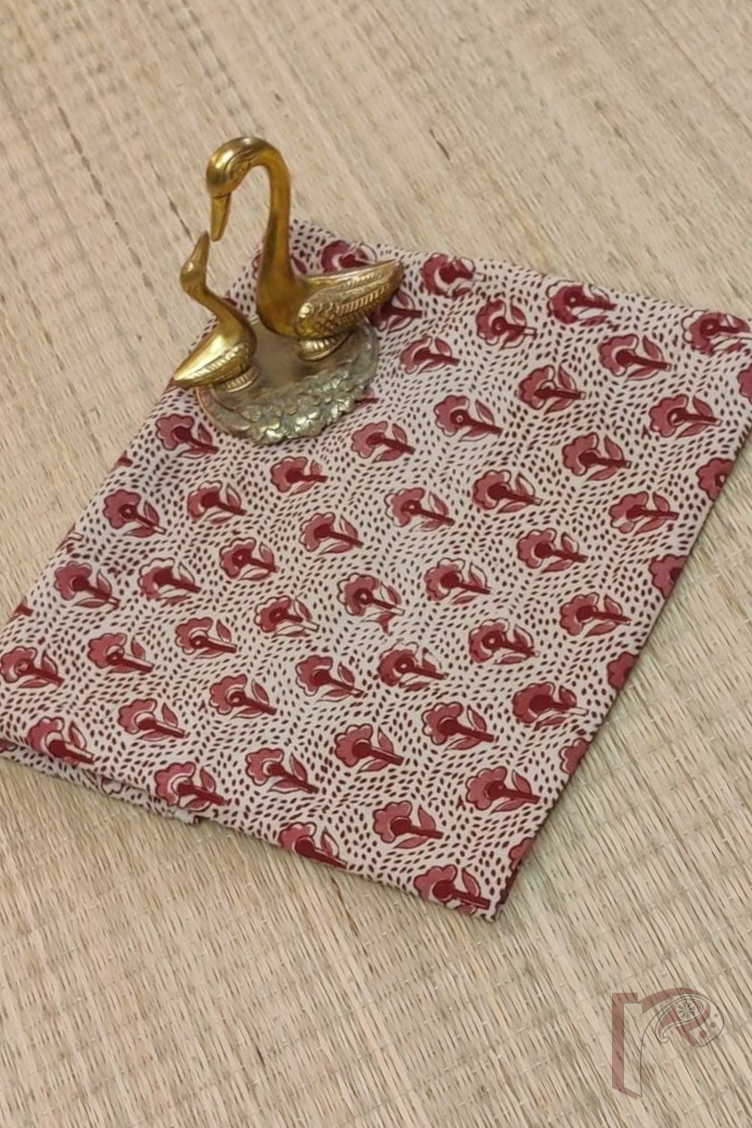 Cream Cotton Kalamkari Blouse Fabric with Maroon Floral and Leaf Motifs