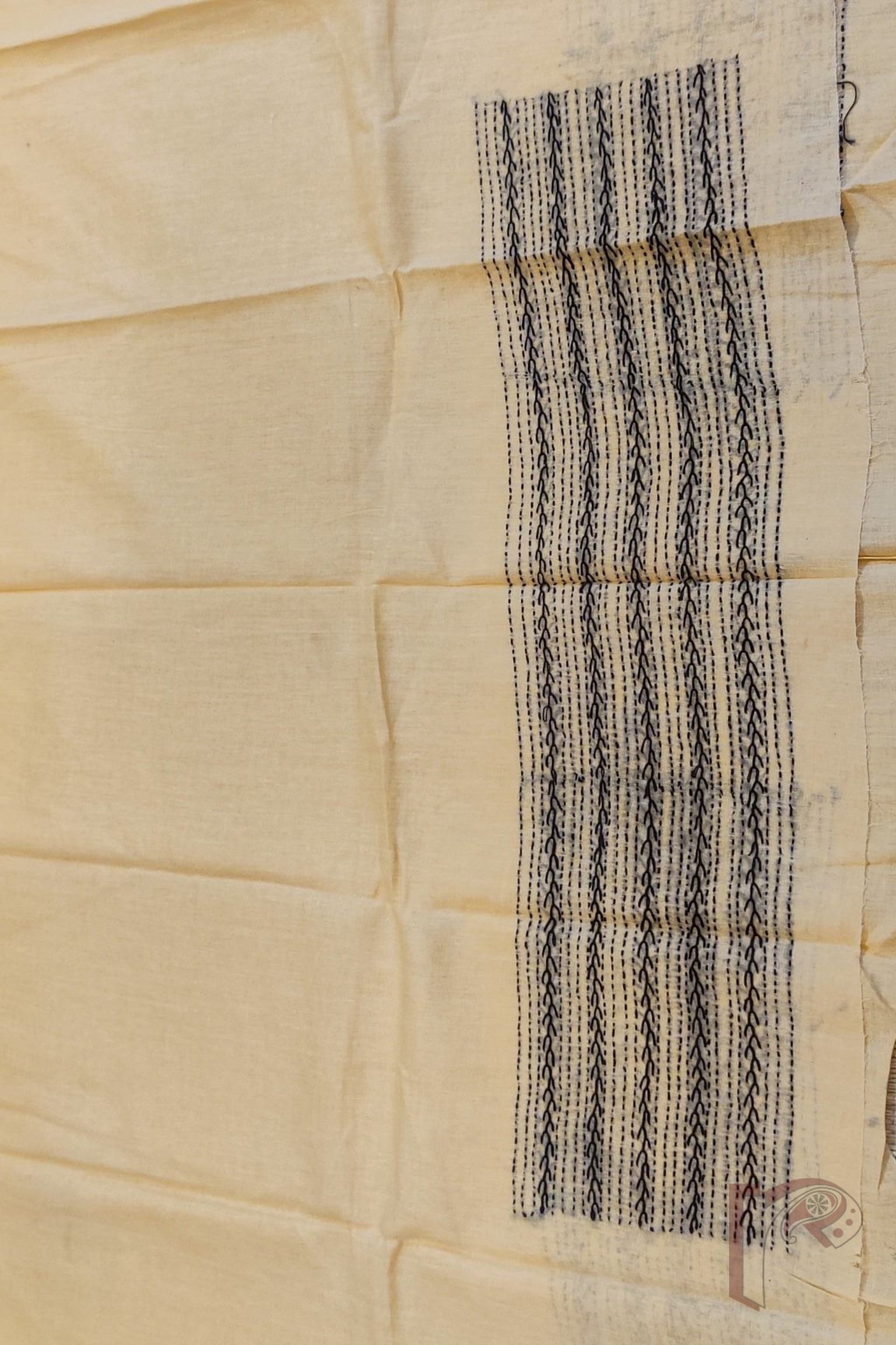 Cream Cotton Blouse with Black Chain Stitch Border and Running Kantha Lines – Unstitched Fabric - Image 3