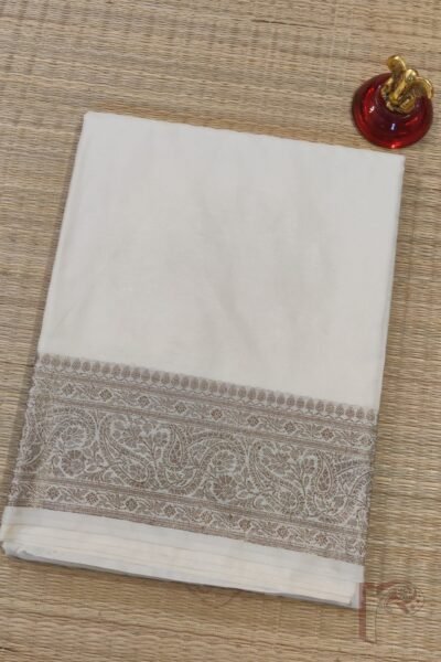Banarasi Bloom: Half White Khadi Silk Saree with All-Over Karwa Banarasi Weave and Muted Gold Border