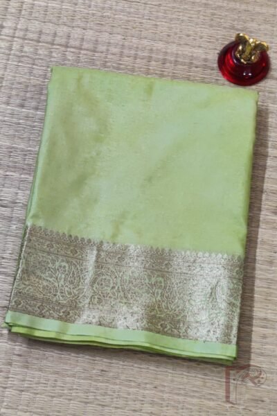 Banarasi Bloom: Parrot Green Khadi Silk Saree with Karwa Banarasi Border and All-Over Woven Blouse