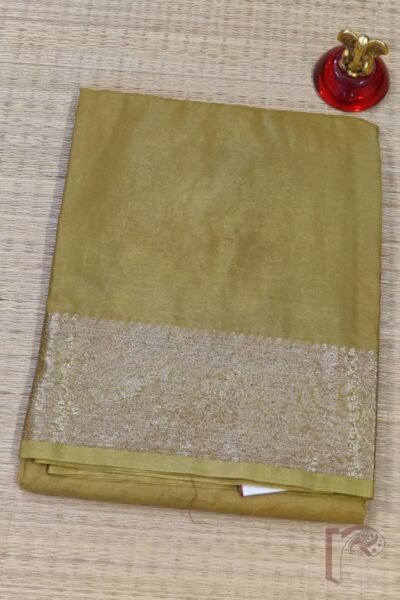 Banarasi Bloom: Light Mehendi Green Khadi Silk Saree with Dull Gold 4" Karwa Banarasi Weave Border and Matching Woven Blouse