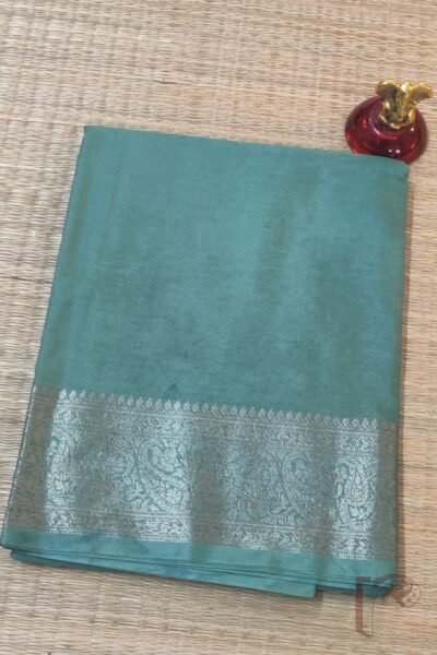 Banarasi Bloom: Sage Green Khadi Silk Saree with Dull Gold 4" Karwa Banarasi Weave Border and Matching All-Over Woven Blouse