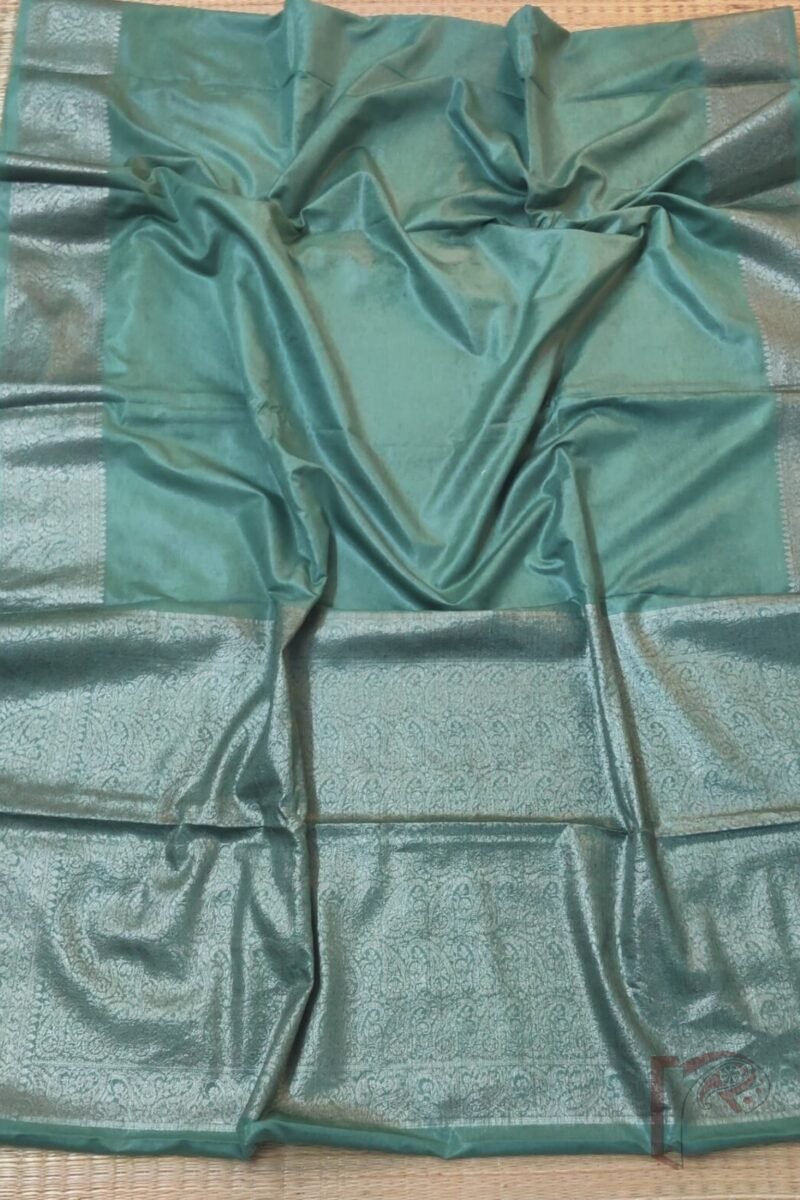 Banarasi Bloom: Sage Green Khadi Silk Saree with Dull Gold 4" Karwa Banarasi Weave Border and Matching All-Over Woven Blouse - Image 6