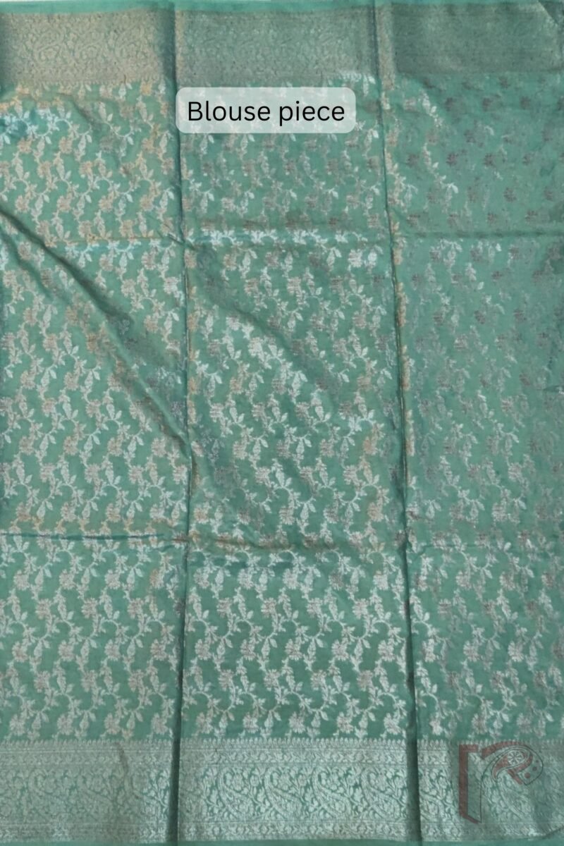 Banarasi Bloom: Sage Green Khadi Silk Saree with Dull Gold 4" Karwa Banarasi Weave Border and Matching All-Over Woven Blouse - Image 8