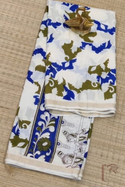 Jayshree Jiva - Half White Jayshree Staple Cotton Silk Saree with Blue-Olive Abstract Print and Peacock Pallu