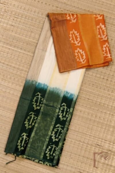 Tricolor Treasure - Saffron White Green Kota Viscose Saree with Hand Block Reverse Leaf and Artistic Creeper Print
