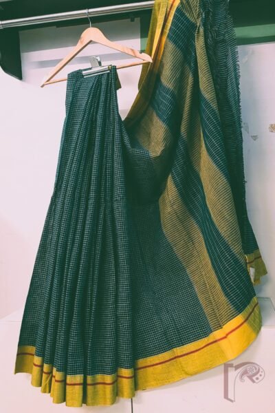 Ilkal Heritage - Green Checked Patteda Anchu Handloom Cotton Saree with Yellow Border