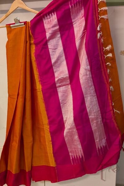 Ilkal Heritage - Orange Mercerized Cotton Silk Saree with Bright Pink Self-Woven Border and Shiny Pink Striped Silk Pallu