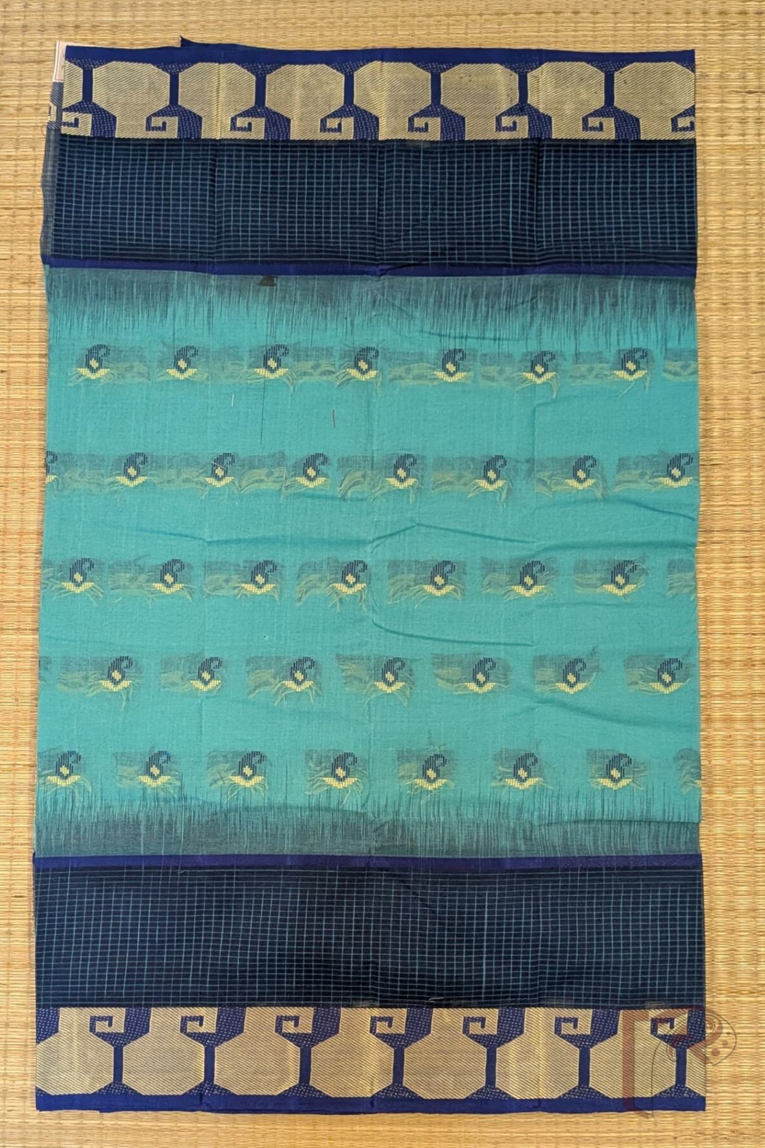 Jamdani Joy – Sea Green Bengal Cotton Jamdani Saree with Navy Blue Checks Border and Cary Weaves - Image 3