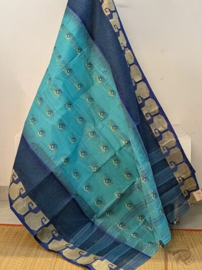Jamdani Joy – Sea Green Bengal Cotton Jamdani Saree with Navy Blue Checks Border and Cary Weaves