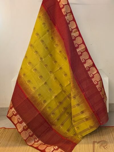 Jamdani Joy – Mustard Yellow Bengal Cotton Jamdani Saree with Maroon Checks Border and Cary Weaves