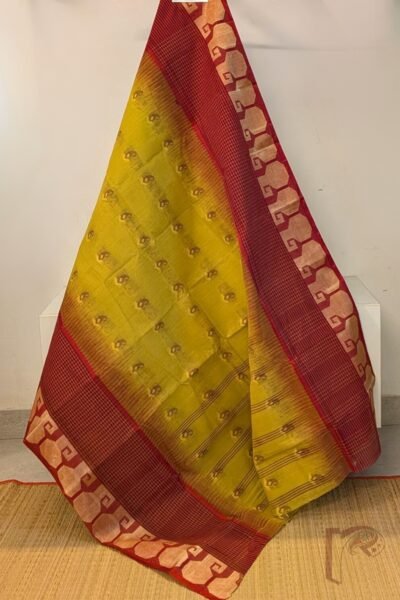 Jamdani Joy – Mustard Yellow Bengal Cotton Jamdani Saree with Maroon Checks Border and Cary Weaves