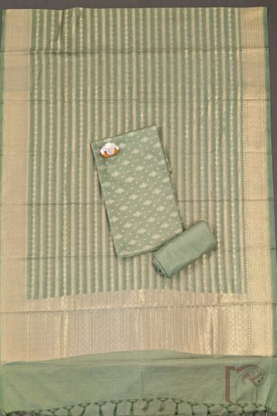 Suit Stories – Pista Green Cotton Silk Banarasi Suit with Leaf Motifs & Polka-Leaf Line Dupatta