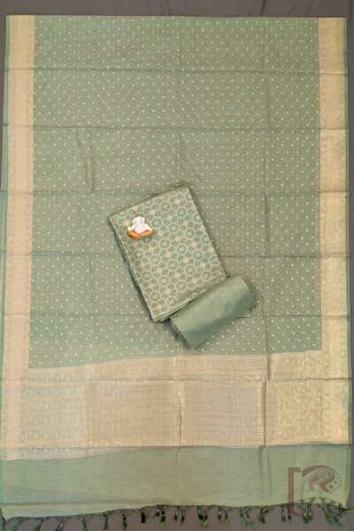 Suit Stories – Pista Green Honeycomb Cotton Silk Banarasi Suit with Gold Polka Dupatta