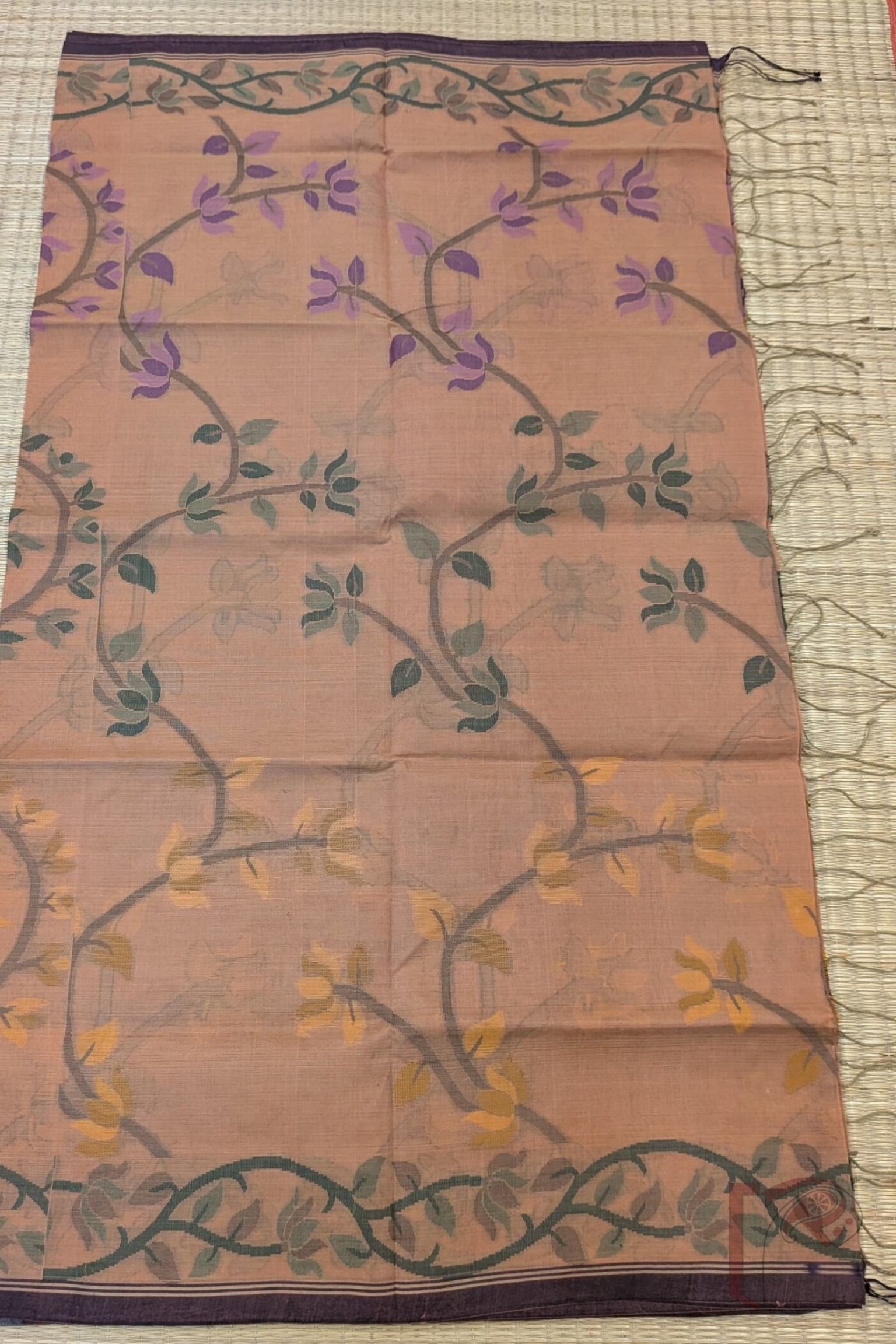 Jamdani Joy – Terracotta Brown Bengal Cotton Jamdani Saree with Multicolour Floral Stem Motifs and Black Border - Image 3