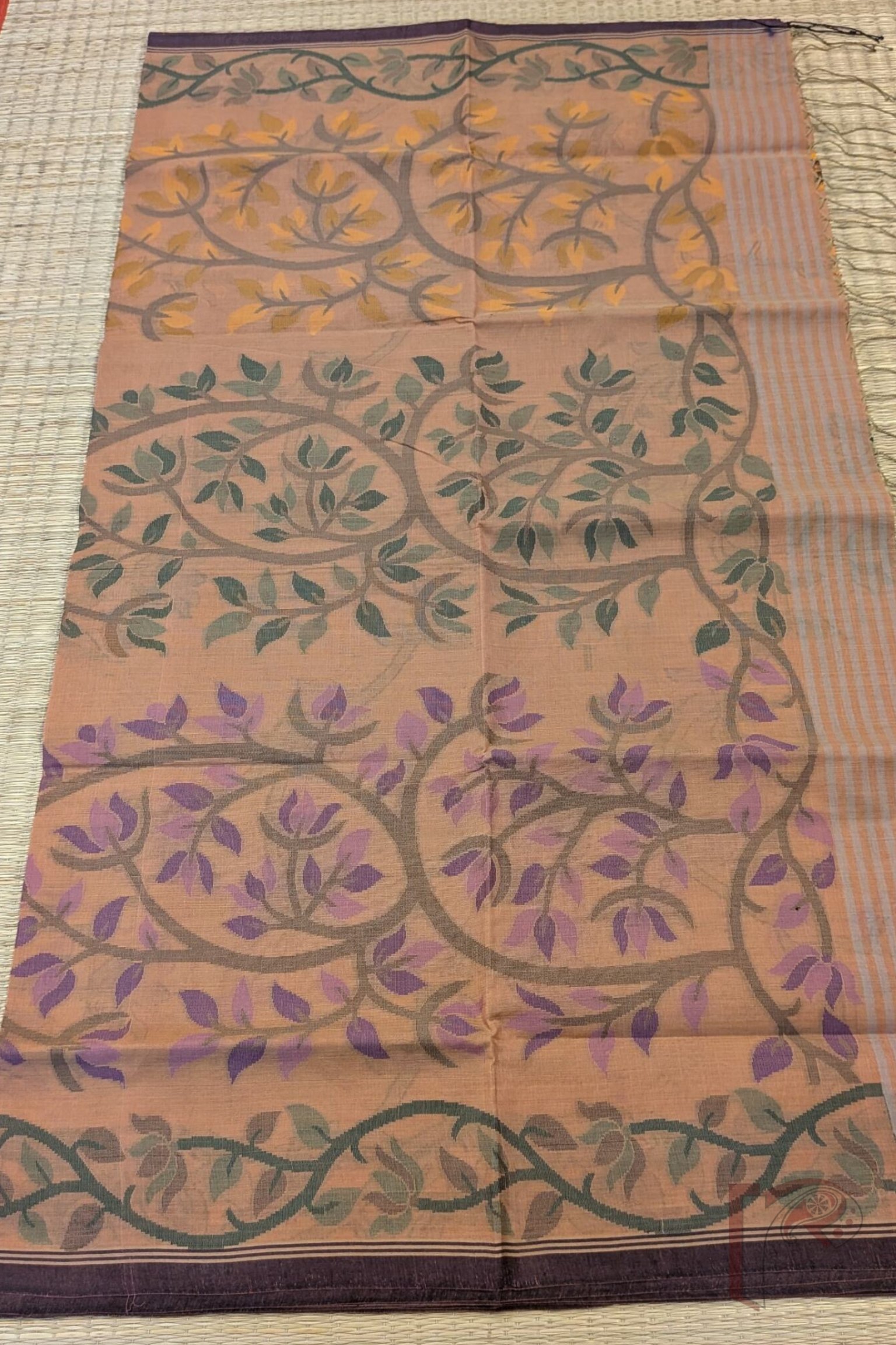 Jamdani Joy – Terracotta Brown Bengal Cotton Jamdani Saree with Multicolour Floral Stem Motifs and Black Border - Image 4