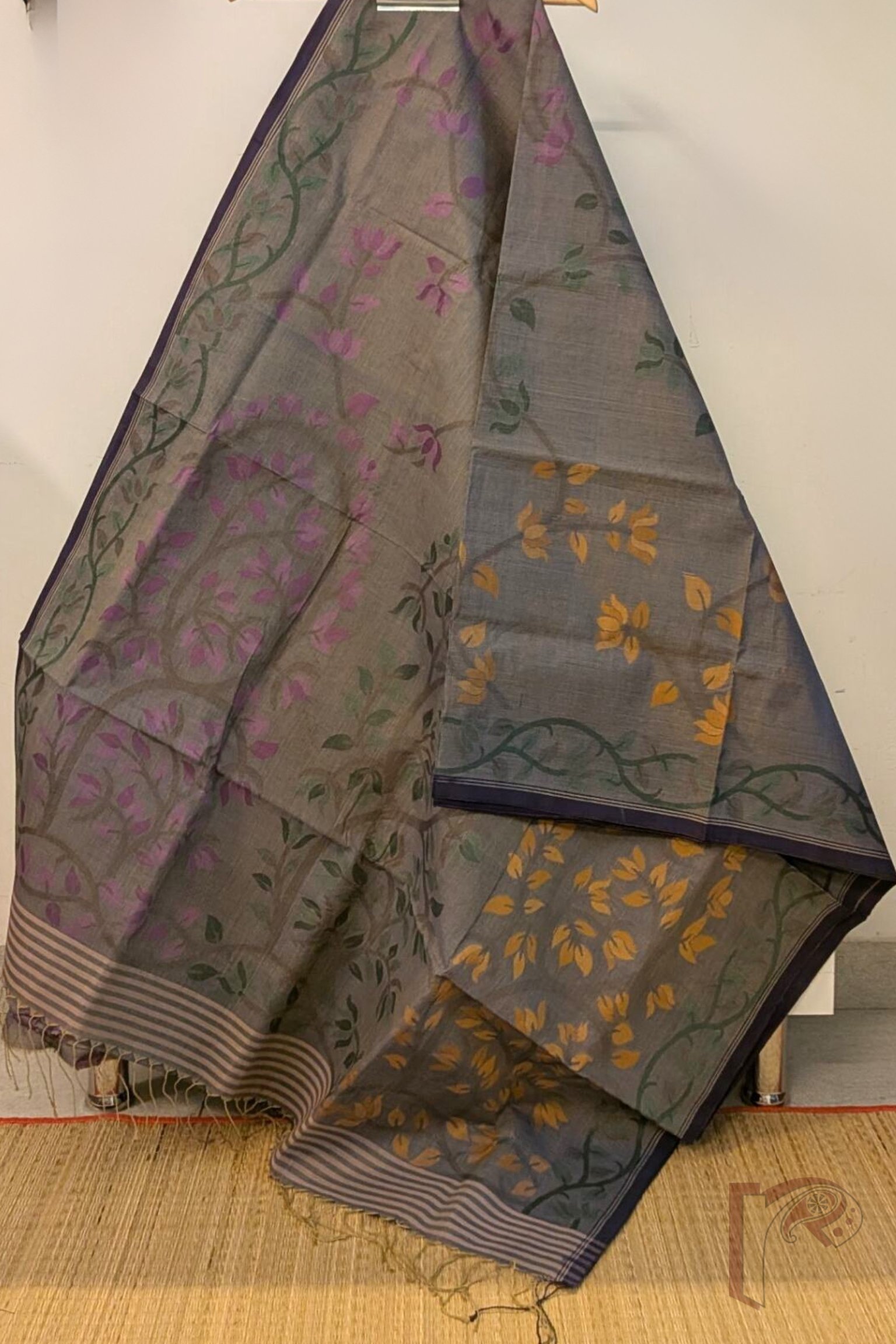 Jamdani Joy – Grey Bengal Cotton Jamdani Saree with Multicolour Floral Stem Motifs and Black Border