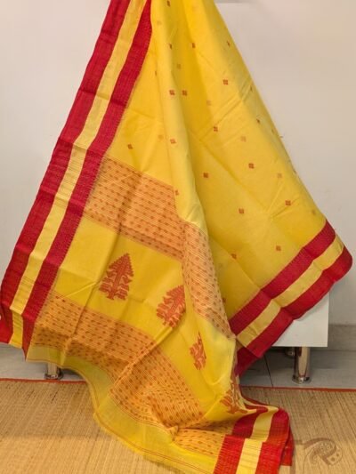 Jamdani Joy – Bright Yellow Bengal Cotton Jamdani Saree with Red Bootis, Dual-Tone Border and Tree Pattern Pallu