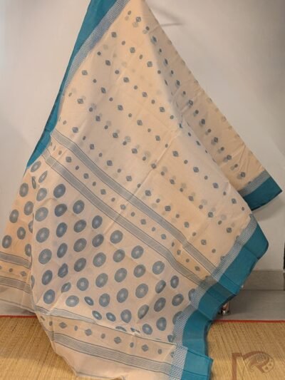 Jamdani Joy – Beige Bengal Cotton Jamdani Saree with Teal Blue Circle and Diamond Weave, Dual Borders and Patterned Pallu