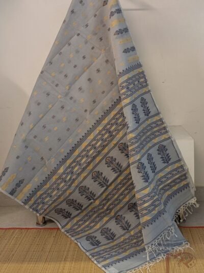 Jamdani Joy – Light Grey Bengal Cotton Jamdani Saree with Black and Yellow Booti Weave and Leaf Stem Border