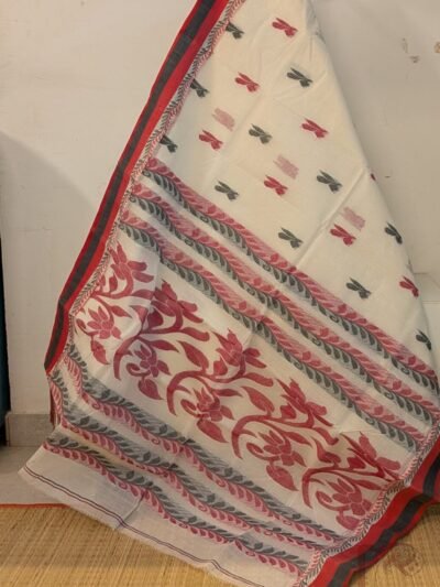 Jamdani Joy – White Bengal Cotton Jamdani Saree with Red and Black Leaf Creeper Motifs and Triple Borders