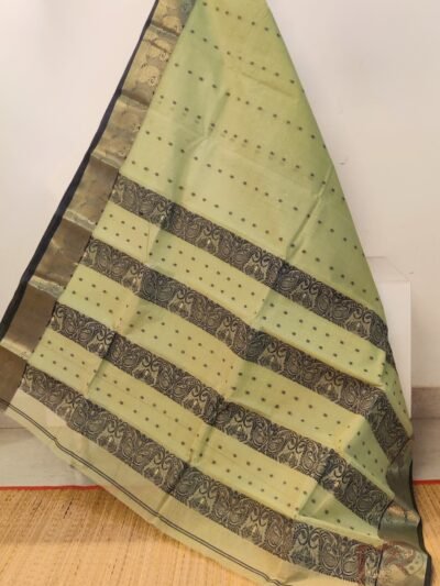 Jamdani Joy – Light Pista Green Bengal Cotton Jamdani Saree with Navy Blue Dot Weave and Mango Pattern Border