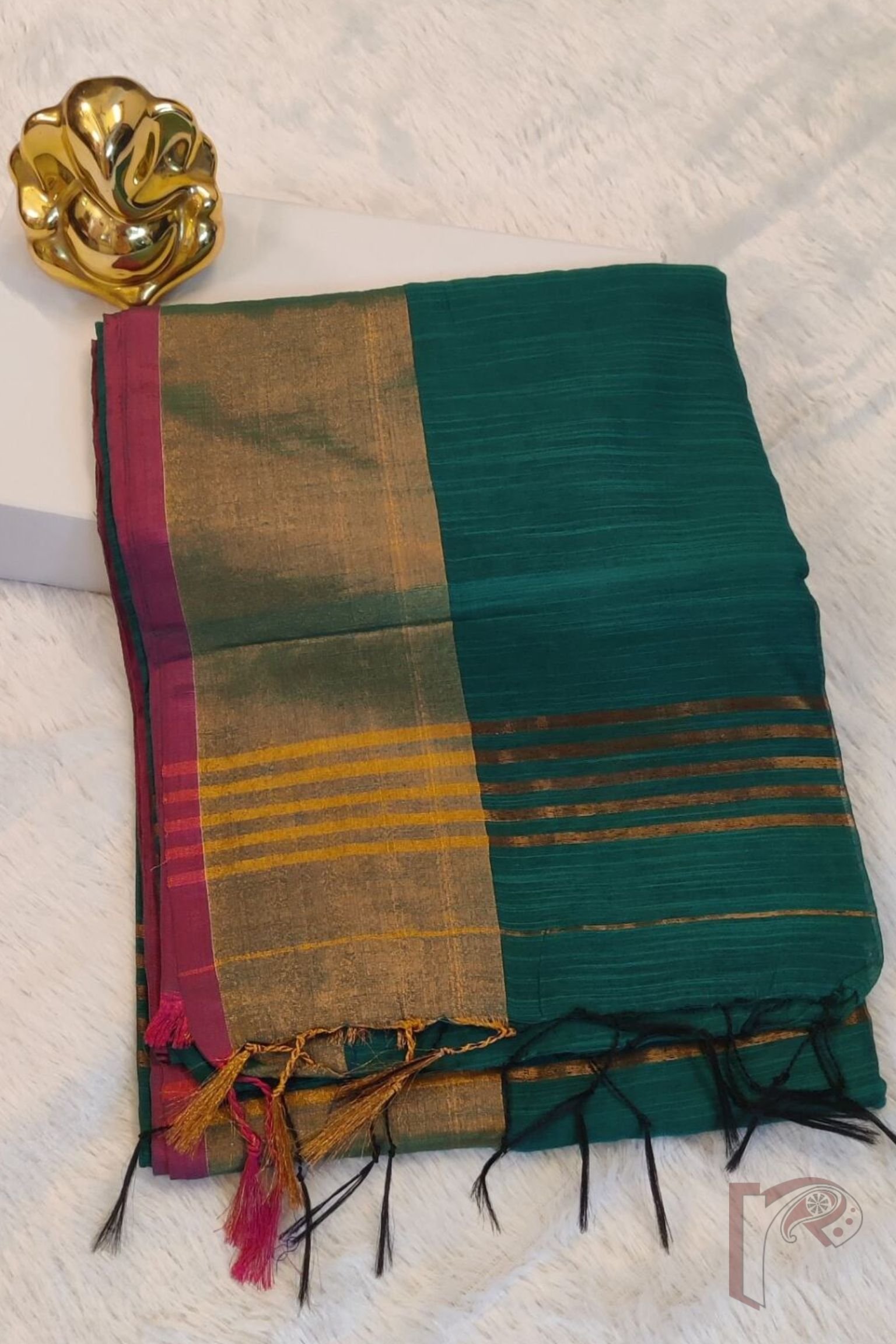 Gicha Glory - Teal Green Gicha Handloom Saree with Gold Border