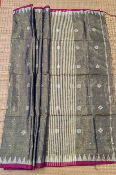 Jamdani Joy - Bluish Green and Pink Border Cotton Khadi Tissue Jamdani Saree with Floral Motifs and Striped Pallu