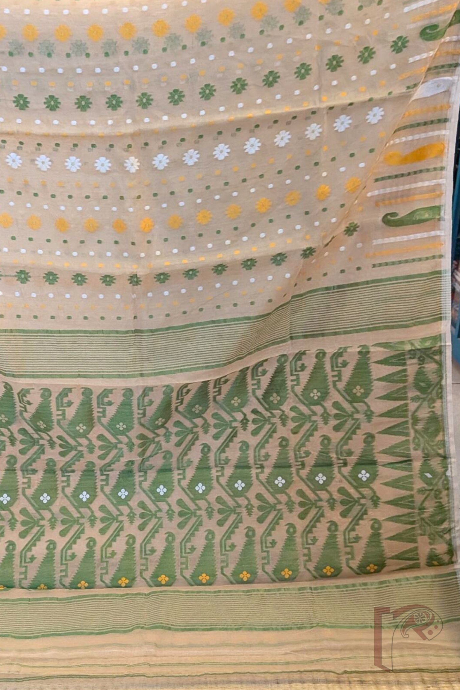 Jamdani Joy - Fawn Cotton Jamdani Saree with Polka Dots, Floral Motifs, Mango Border and Multicolor Leaf Woven Pallu - Image 5