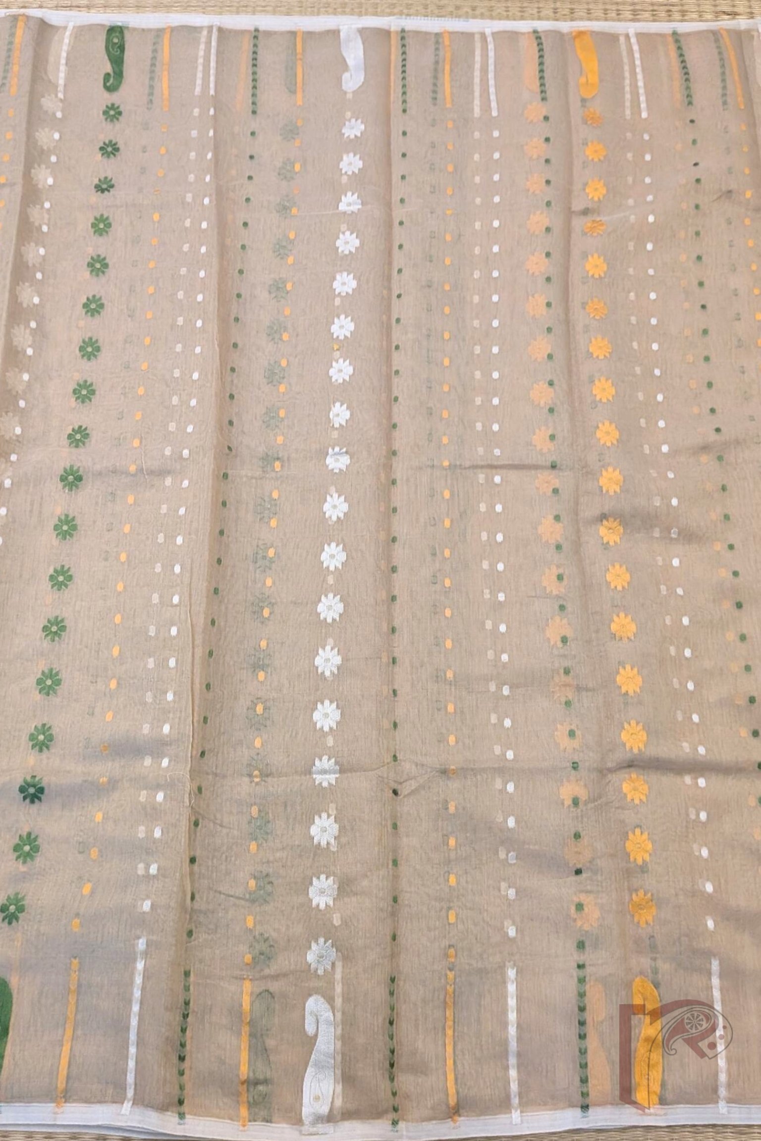 Jamdani Joy - Fawn Cotton Jamdani Saree with Polka Dots, Floral Motifs, Mango Border and Multicolor Leaf Woven Pallu - Image 7