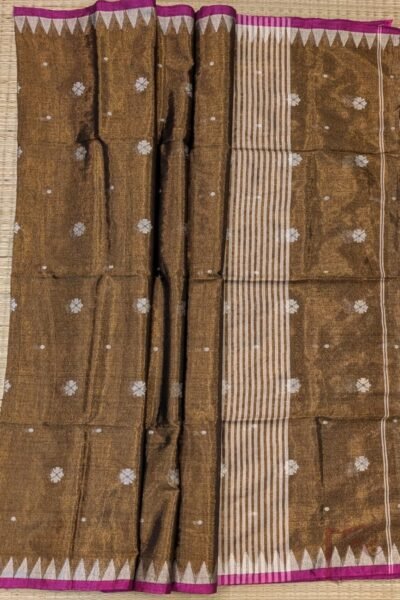 Jamdani Joy - Bronze and Pink Border Cotton Khadi Tissue Jamdani Saree with Floral Motifs and Stripes