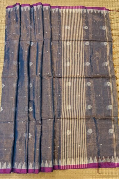 Jamdani Joy - Bluish Bronze and Pink Border Cotton Khadi Tissue Jamdani Saree with Polka Dot Weaves