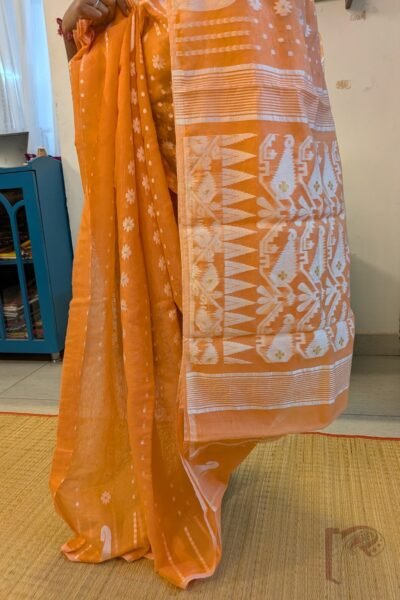 Jamdani Joy - Peach Jamdani Saree with White Polka Dots, Floral Motifs and Off White Mango Border