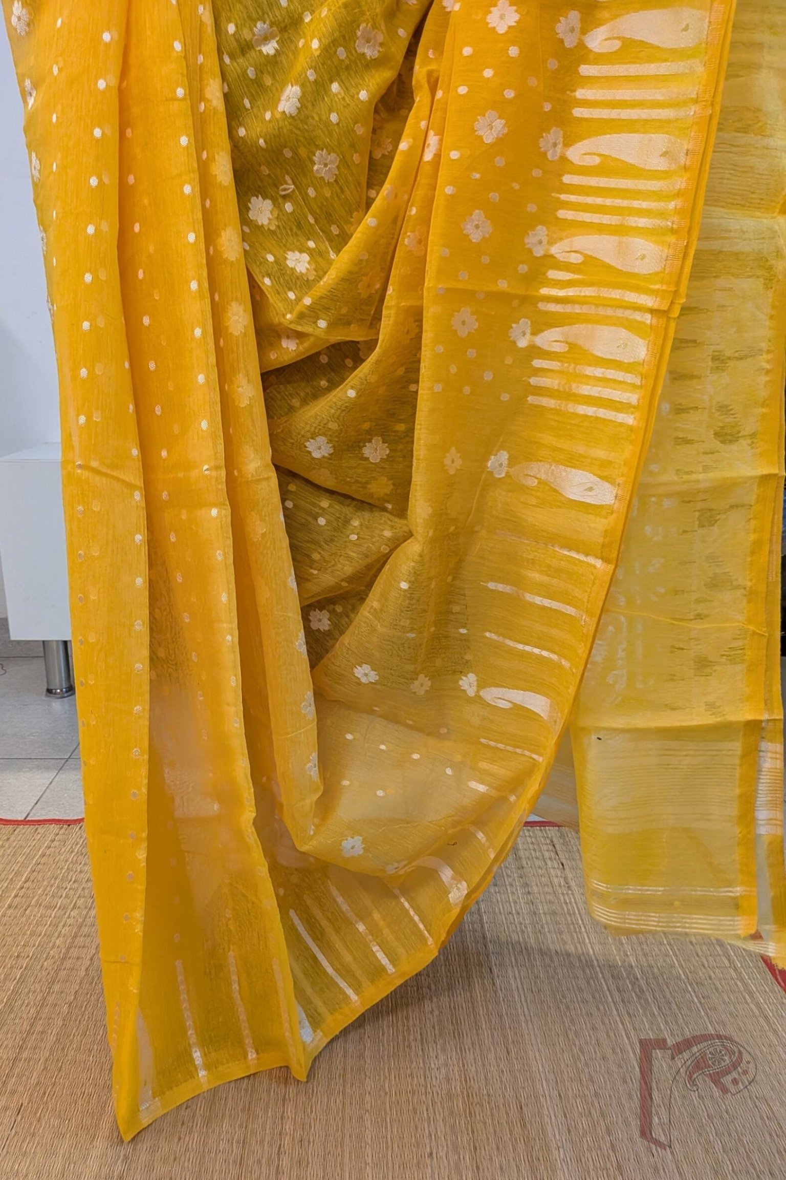 Orange Jamdani Cotton Saree with White Polka Dots, Floral Motifs and Off-White Mango Border - Image 3