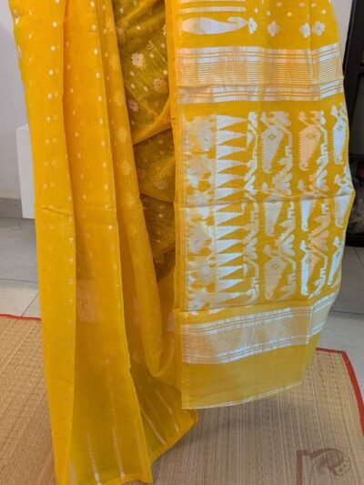 Orange Jamdani Cotton Saree with White Polka Dots, Floral Motifs and Off-White Mango Border