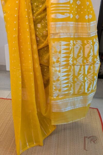 Orange Jamdani Cotton Saree with White Polka Dots, Floral Motifs and Off-White Mango Border