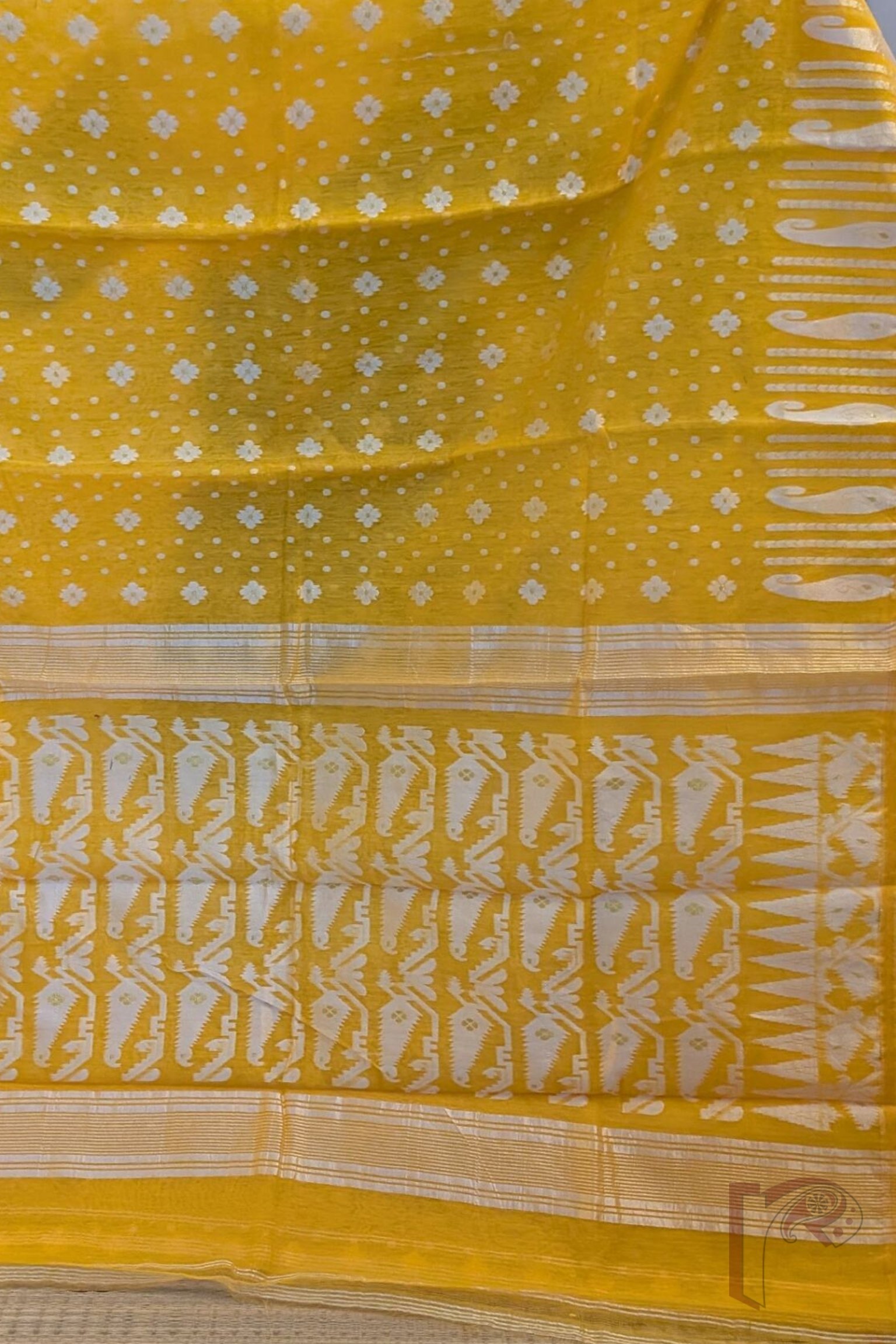 Orange Jamdani Cotton Saree with White Polka Dots, Floral Motifs and Off-White Mango Border - Image 5