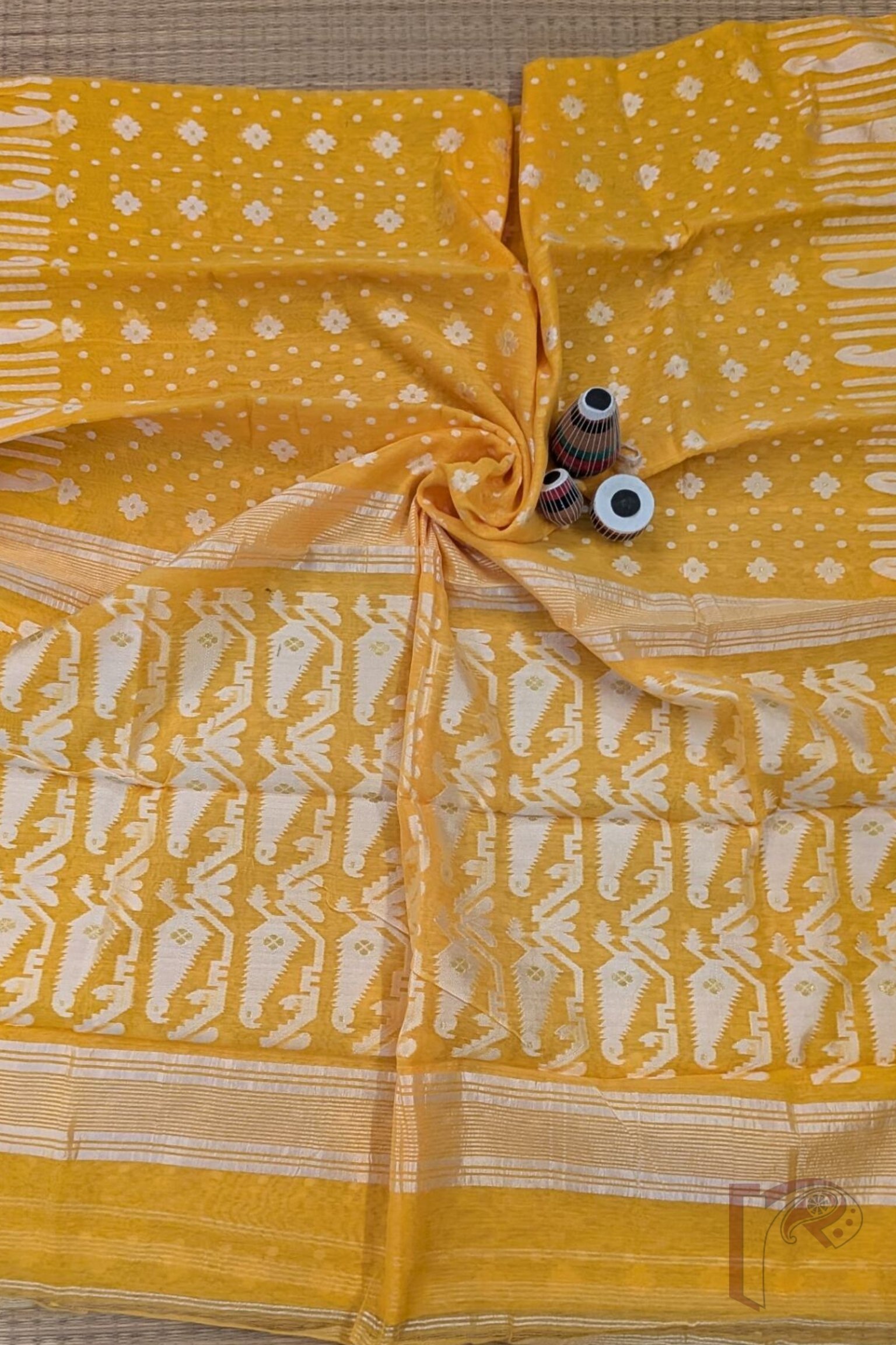 Orange Jamdani Cotton Saree with White Polka Dots, Floral Motifs and Off-White Mango Border - Image 6