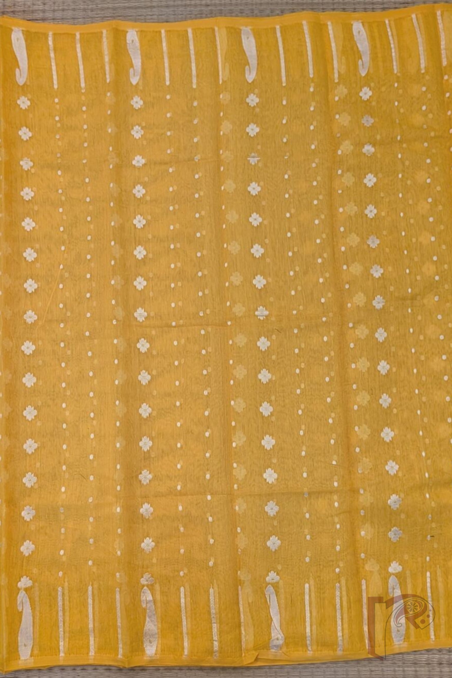 Orange Jamdani Cotton Saree with White Polka Dots, Floral Motifs and Off-White Mango Border - Image 7
