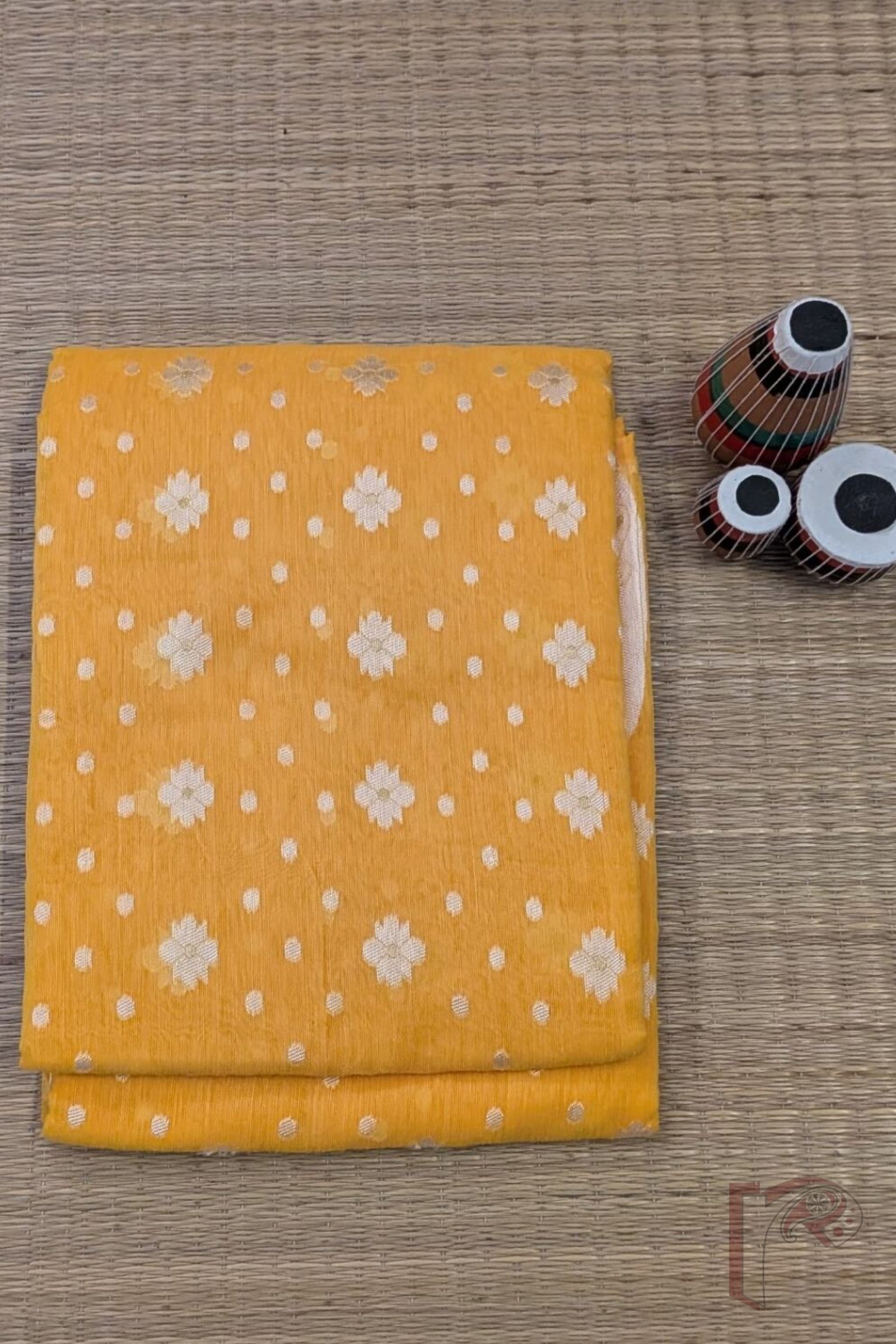 Orange Jamdani Cotton Saree with White Polka Dots, Floral Motifs and Off-White Mango Border - Image 8