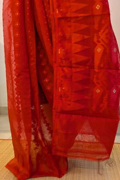 Jamdani Joy - Red Jamdani Saree with Gold and Red Polka Dots, Floral Motifs and Red Mango Border